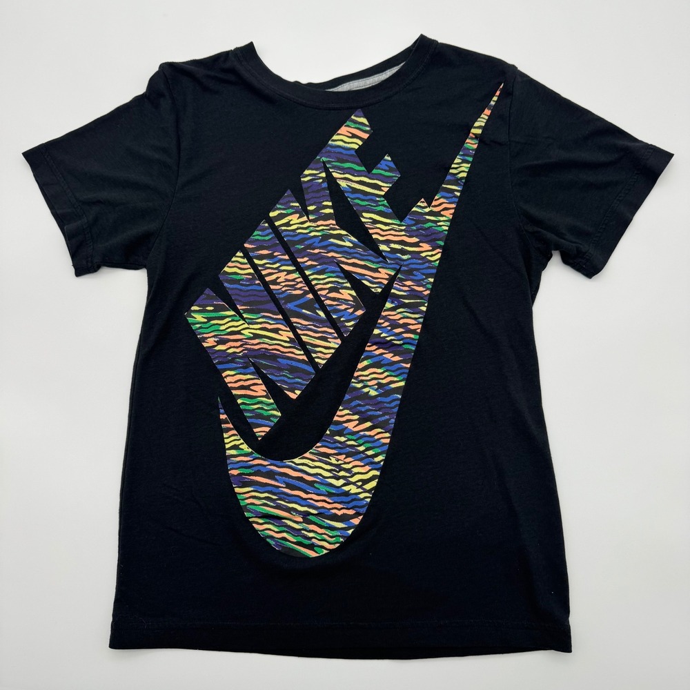Nike Womens Black Multicolor Tiger Stripe Swoosh Logo Graphic T-Shirt Small